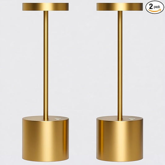 2-Pack Cordless Rechargeable Table Lamps, 3 Color Temperatures and Stepless Dimmable, IP54 Waterproof Portable Battery Operated LED Lights for Outdoor Patio Bedside Restaurant, Gold