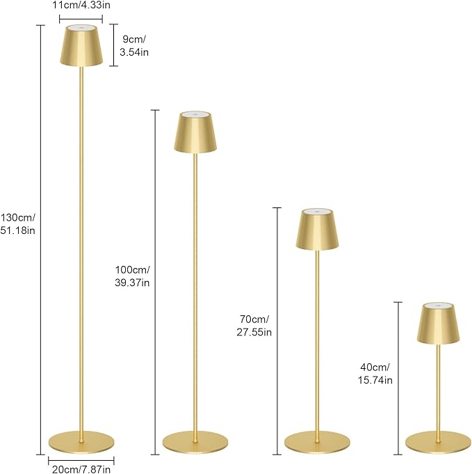 Gold Cordless LED Floor Lamp, Rechargeable 5500mAh Battery Portable Outdoor Floor Lamp Height Stand Lamp for Patio, Living Room, Bedroom Gold