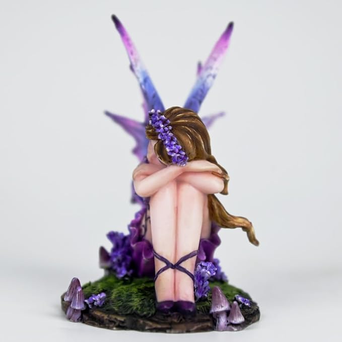 Fantasy Purple Sleeping Fairy Figurine, 3.15 Inch Blue-Purple Gradient Elf Statue, Hand-Painted Resin Decor with Flower Crown & Mini Mushroom Base for Desk, Fairy Garden, Bedroom