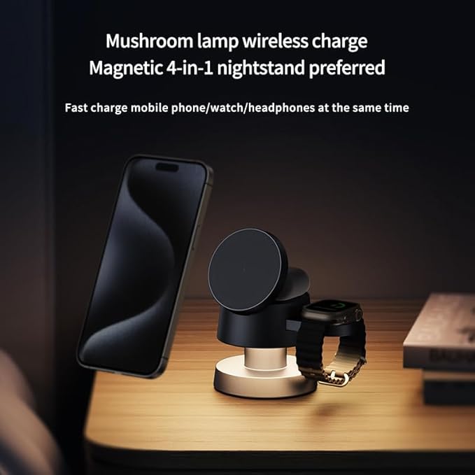 4 in 1 Charging Station 15W Wireless Charger with Mushroom Lamp Compatible with iPhone 12-16 Series, Apple Watches, Apple Earphones