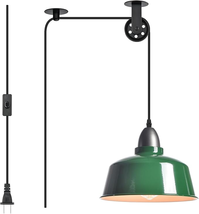 Plug in Pendant Light, Green Farmhouse Hanging Lights with Plug in Cord, Pulley Hanging Lamp, Industrial Pendant Lights Fixture for Kitchen Island, Bedroom, Dining Room, Living Room, Office