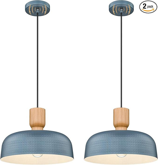 Darkaway Dusk to Dawn Industrial Pendant Light Fixtures Ceiling Hanging with Hammered Metal Shade, 2pcs Blue Pendant Light for Outdoor Porch Lighting Hanging Lamp Adjustable Height
