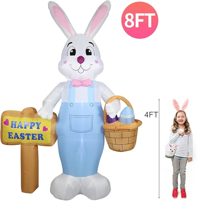 DomKom 8 FT Giant Easter Inflatable Bunny Outdoor Decorations, with Colorful Eggs Basket, Build-in LEDs Happy Easter Blow Up Yard Decorations for Party, Outdoor, Garden, Yard Lawn Décor