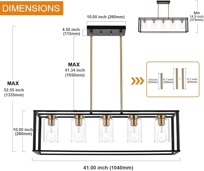 VINLUZ Farmhouse Chandeliers for Kitchen Island with Clear Glass Shade Black and Brushed Brass 5 Light Dining Room Lighting Fixtures Hanging, Rectangle Pendant Lights Industrial Ceiling Light