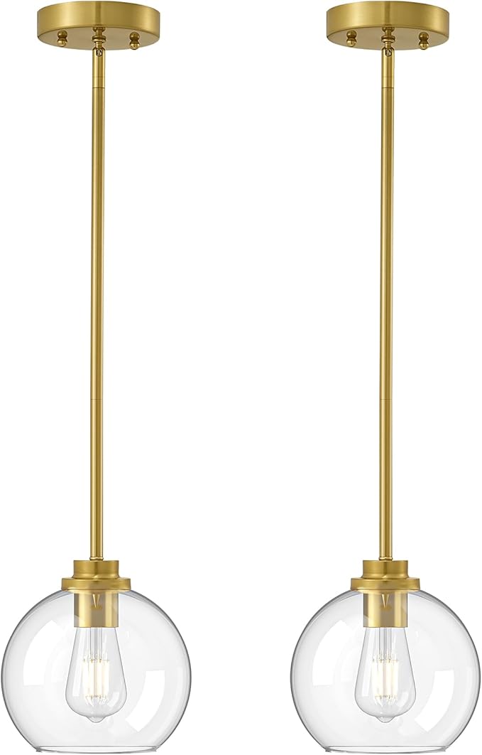 EDISHINE Pendant Light Fixtures 2 Pack with Clear Glass Globe Shade, Gold Kitchen Hanging Lighting Over Island, Hardwired Adjustable Metal Rod for Dining Room, Entryway