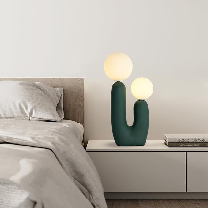 Modern Green Table Lamp Cactus Shape Resin Retro Table Light White Milk Globe Glass Light Fixtures for Living Room Bedroom Children’s Room Cafe Entrance