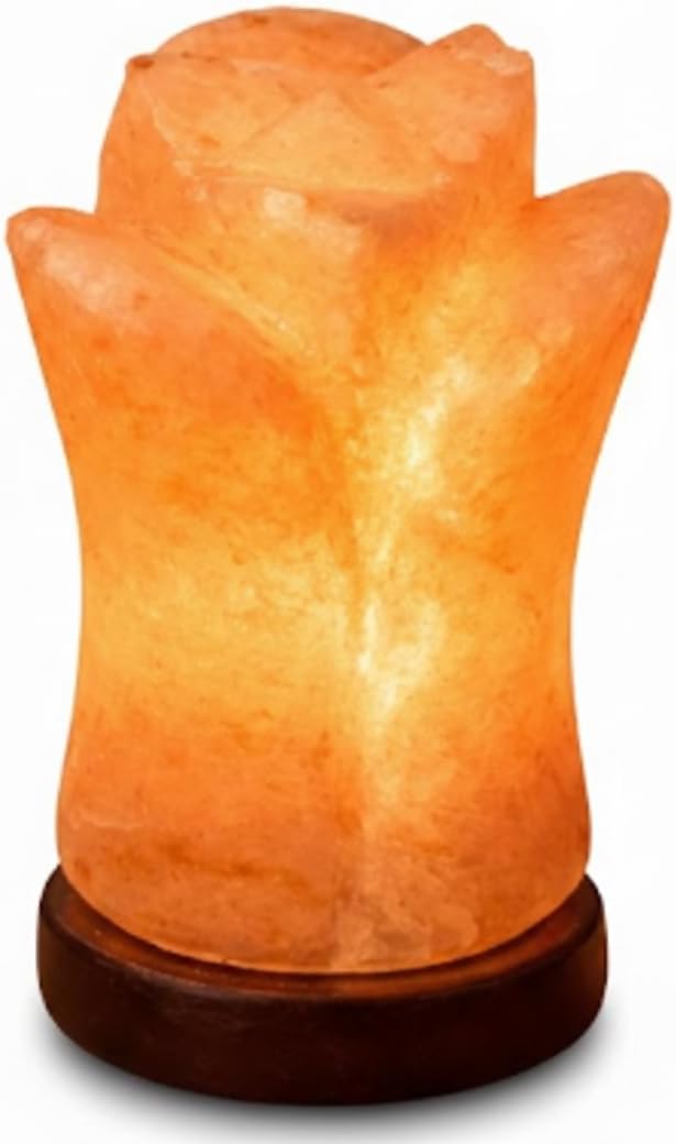 Himalayan Pink Salt Lamp – Flower Shape – Hand-Carved Natural Crystal Salt Rock with Wooden Base Ideal Gift & Home Décor