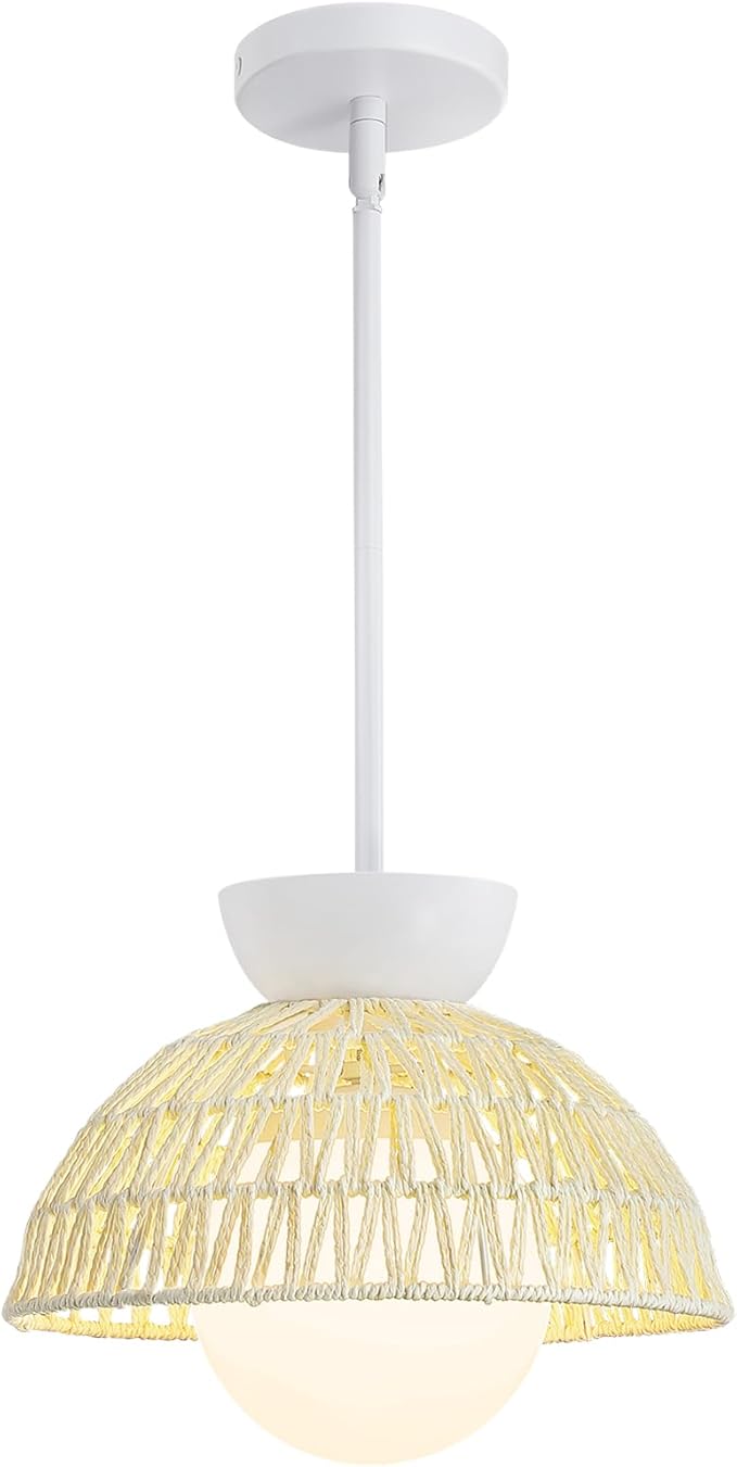 Pendant Light Kitchen Island - 11.8" Rattan Dining Room Light Fixtures over Table Hand-Woven Boho Pendant Light Fixtures with Milk Glass Globe, Adjustable Hanging Light for Bedroom Entryway Foyer
