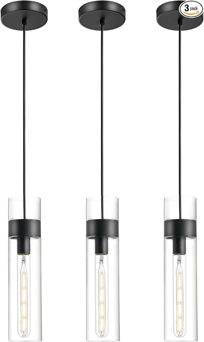 3 Pack Black Pendant Lights Kitchen Island (Bulbs Included), Adjustable Modern Glass Pendant Light Over Island, Industrial Pendant Light Fixtures for Dining Room Hallway Bedroom Living Room