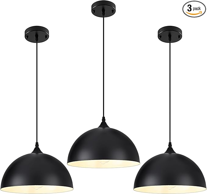 Black Pendant Light,11.8" Industrial Dome Pendant Lights Kitchen Island,Adjustable Farmhouse Hanging Lamp for Dining Room Bedroom Restaurant Bar Cafe,3 Pack