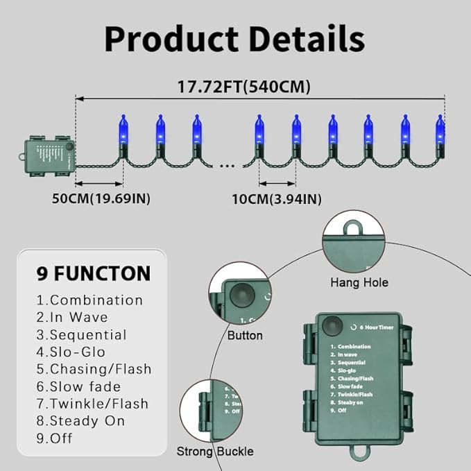 LAMPHOME 50 LED Blue Christmas Lights Outdoor, 16 FT Mini String Light with 9 Modes & 6 Hour Timer, Waterproof Battery Operated for Indoor Outdoor Patio Garden Party Tree Decoration