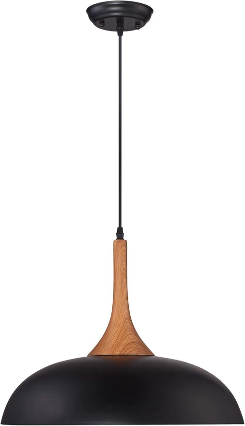 Possini Euro Design Felton Black Aluminum Wood Finish Small Pendant Light 17 3/4" Wide Mid Century Modern Dome Shade Fixture for Dining Room House Entryway Bedroom Kitchen Island Hallway