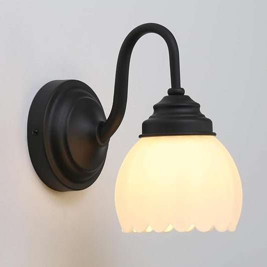 Pathson Milk White Wall Sconce Lamp with Tulip Thicken Glass, Modern Bathroom Sconce Hardwired Wall Vanity Light Indoor Decor for Mirror Living Room Foyer Loft Bedroom Farmhouse Lighting