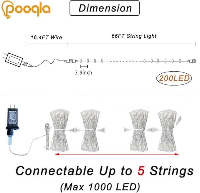 Pooqla 200 LED 66 FT 4th of July Decorations Lights, Red White Blue Patriotic String Lights, Outdoor Independence Day Fairy Lights 8 Modes Connectable for Home Yard Patio Party Decoration, Clear Wire