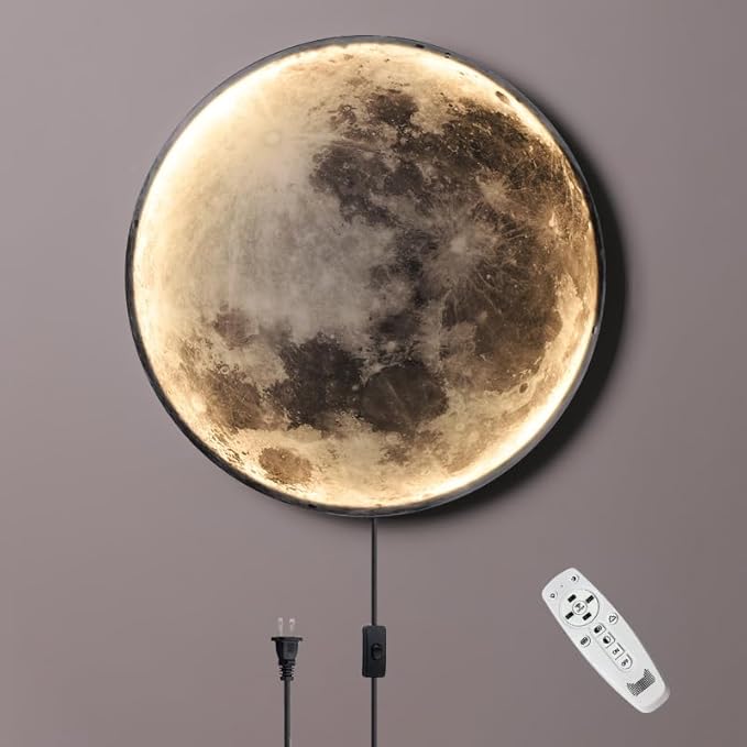 Modern Moon Wall Sconce Lighting, Dimmable Nightlight with Remote Control, Plug in Wall Lamp, Decorative Moon Light for Living Room Hallway (23.6 inch)