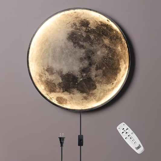 Modern Moon Wall Sconce Lighting, Dimmable Nightlight with Remote Control, Plug in Wall Lamp, Decorative Moon Light for Living Room Hallway (23.6 inch)