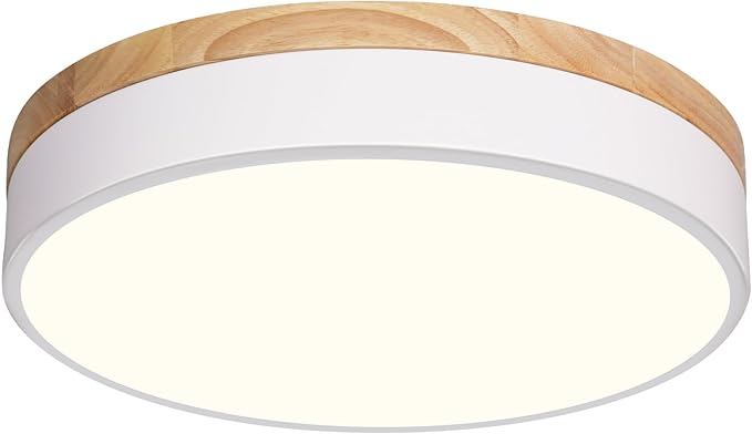 Dimmable Modern Wood Ceiling Light, White LED 5CCT 2700K-6000K Flush Mount Ceiling Lighting Fixture, Round Light Fixtures for Kitchen Entryway Hallway Bedroom Laundry Room-11.8in