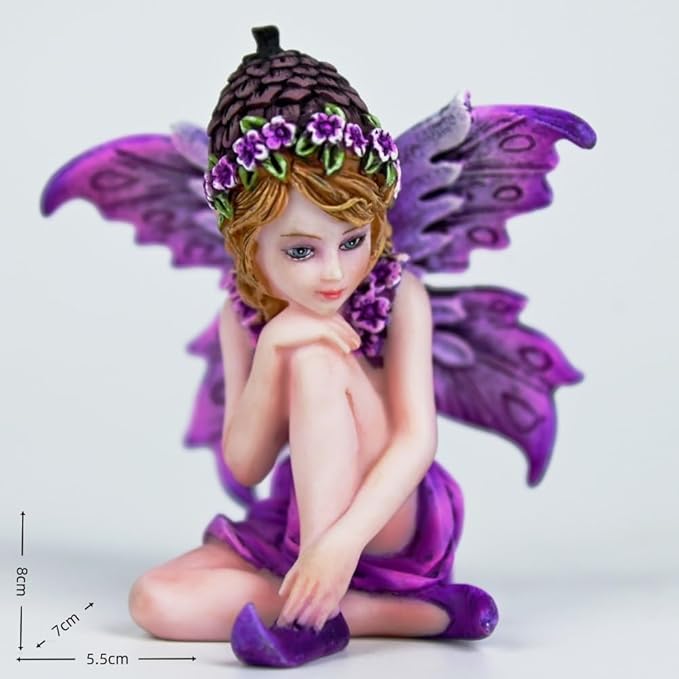 Fantasy Pinecone Hat Purple Flower Fairy Figurine, 8cm Purple Wings Elf Statue, Hand-Painted Resin Decor for Mini Fairy Garden, Desk & Plant Pot