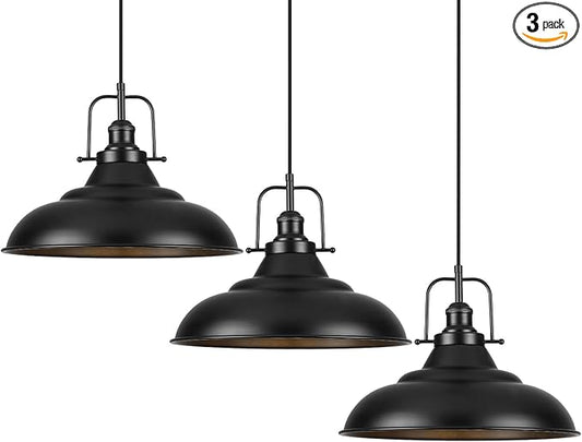 Black Pendant Light Kitchen Island,16 Inch Large Industrial Pendant Lights, Matte Black Pendant Lights, Vintage Farmhouse Pendant Light for Kitchen Island, Dining Room, Hallway (3 Packs)
