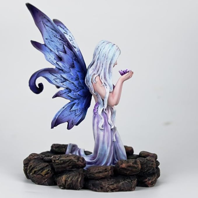 Fantasy Blue-Purple Flower-Holding Fairy Figurine, 16cm Gradient Wings Elf Statue, Hand-Painted Resin Decor for Ritual Space, Vanity & Garden