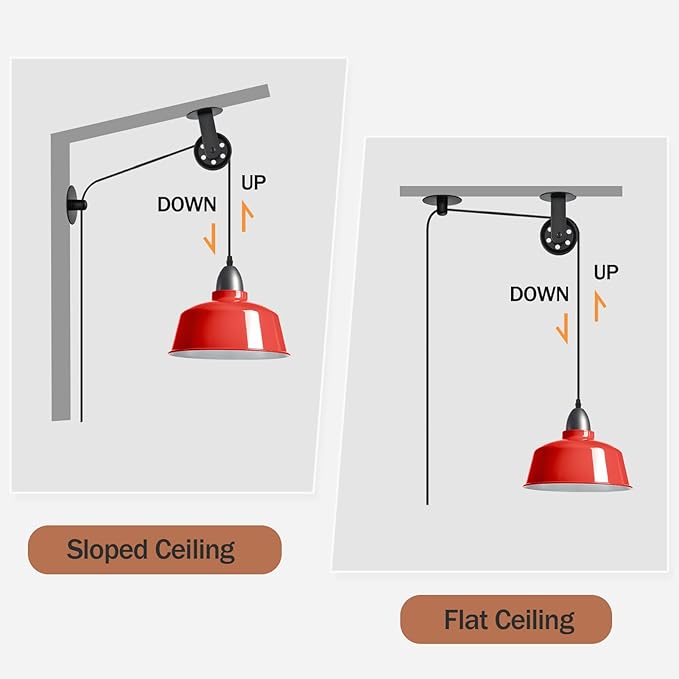 Plug in Pendant Light, Red Farmhouse Hanging Lights with Plug in Cord, Pulley Hanging Lamp, Industrial Pendant Lights Fixture for Kitchen Island, Bedroom, Dining Room, Living Room, Office