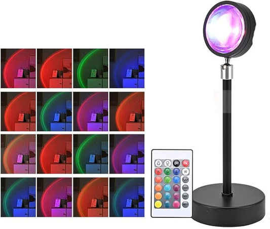 Sunset Projector Lamp,16 Color RGB LED Mood Light with Remote,360°Rotation,Dimmable,Sunset Background,Decorative Night Light for Live Streaming,Photography/Selfie/Party,Bedroom