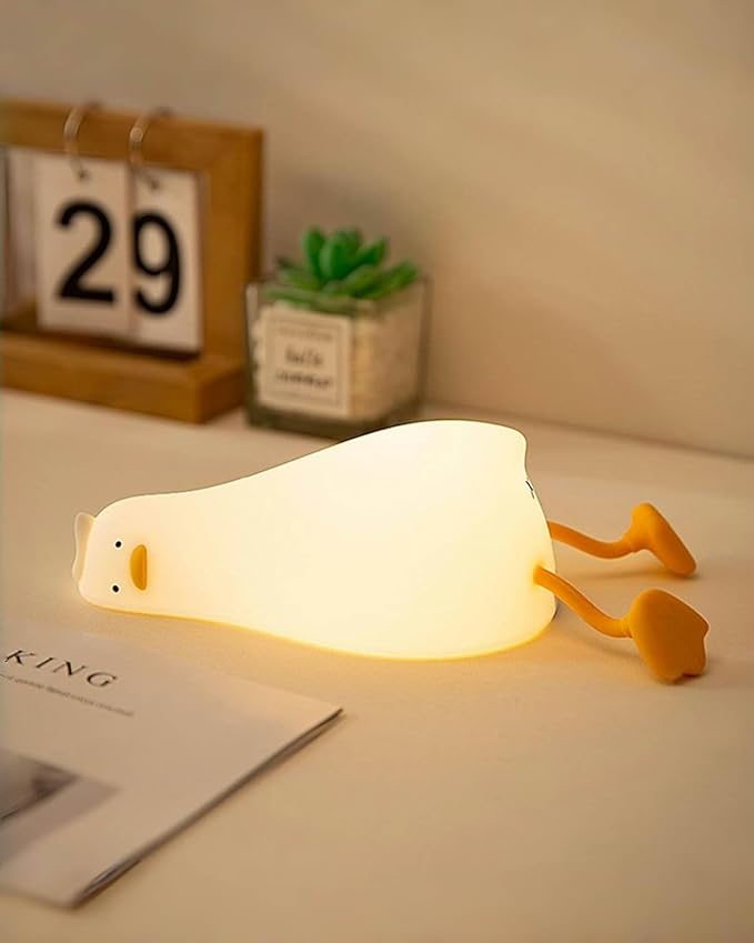 Lying Flat Duck Night Light, Squishy Duck Lamp with Tap Control, 30-Min Auto-Off Timer, Rechargeable Silicone Bedside Lamp for Kids Adults, [Easter Gifts]