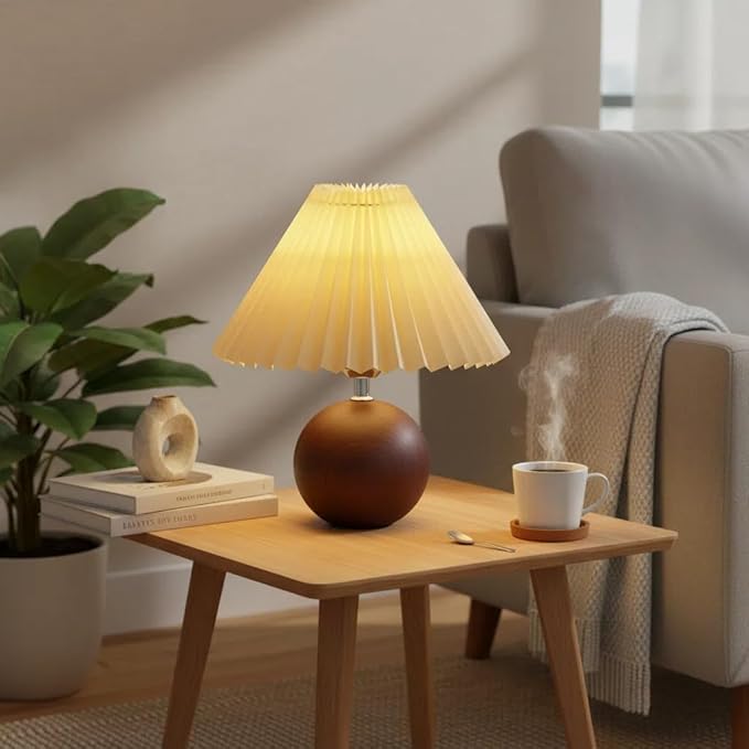 Bedside Night Table Lamp for Bedroom Three Colors Minimalist Bedside Lamp with Pleated Lampshade Small Night Light for Kids Room, Living Room, College Dorm, Home Bar