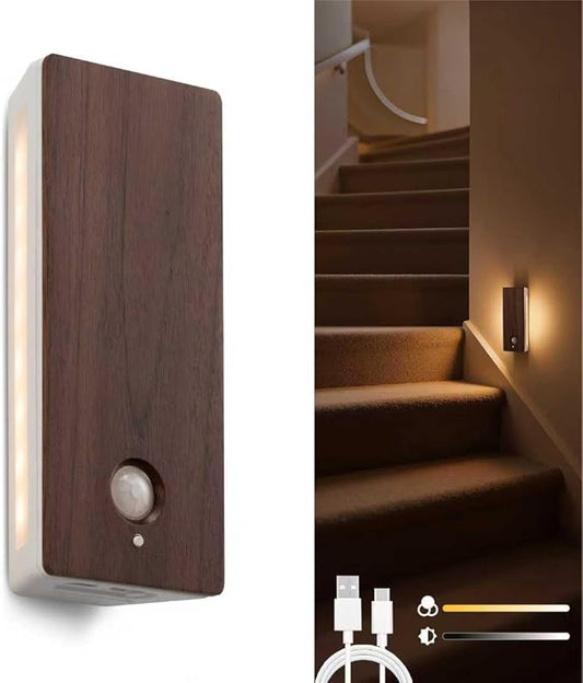 Wooden Motion Sensor Night Light, LED Backlit Nightlight, Rechargeable Light with Two-Sided Glow for Decor, Magnetic Stick-on, 3CCT Dimmable Lights for Hallway, Bedroom, Stairs, Black Walnut