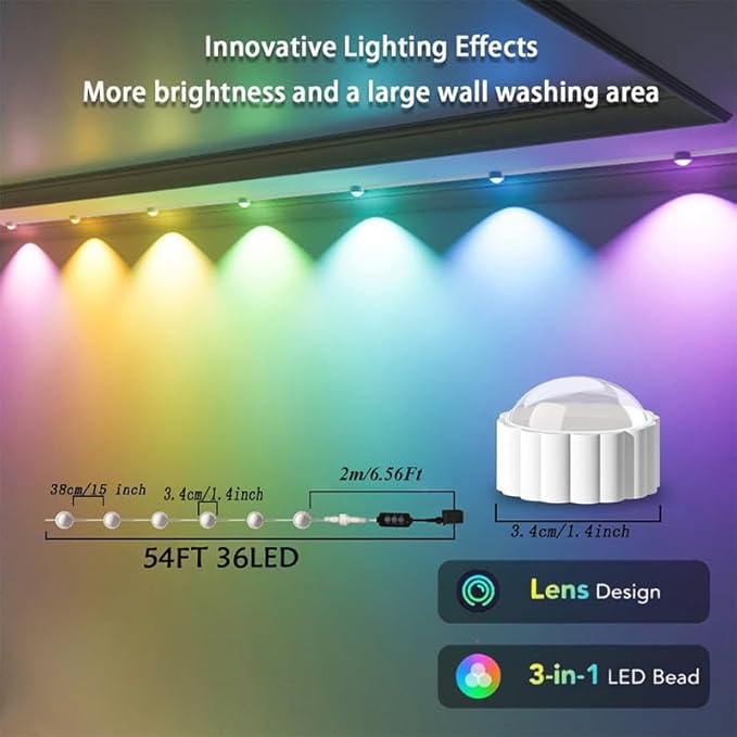 Permanent Outdoor Lights 54ft Smart Outdoor Christmas Lights 24V with RGBCW 36 LED IP67 Waterproof Eaves Lighting with 213 Modes for Holiday,Party, Daily, APP/Remote Control