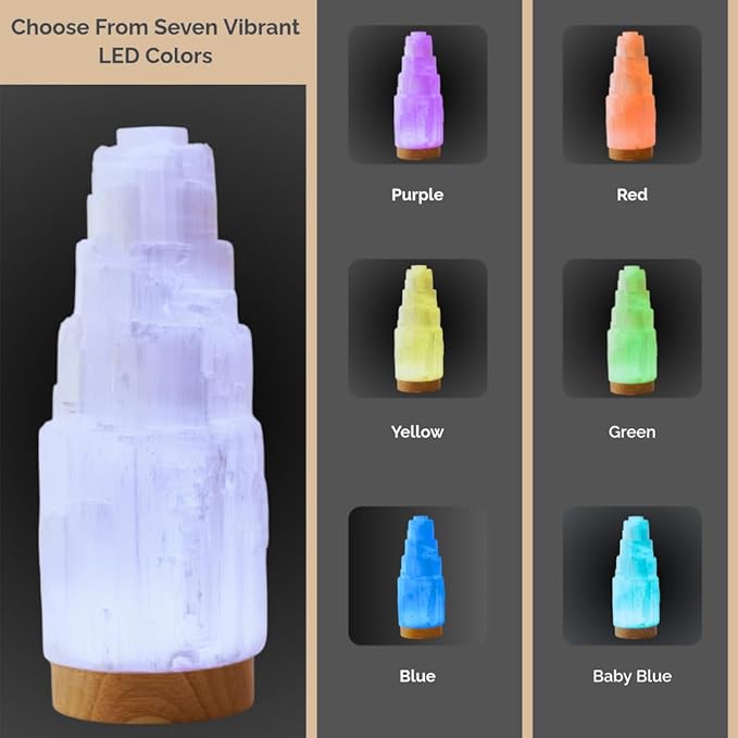 Wish Well Large Selenite Lamp with 7 Color LED Wooden Base - 8" Selenite Tower Healing Crystals for Zen Decor, Spiritual Room Decor, Energy Healing, and Protection
