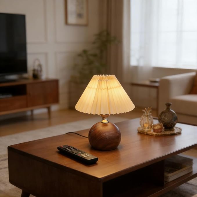 9.4" Wx11.4 H 3Color Temperature Adjustable Modern Table Lamp | Small Lampshade with Warm Light | Mini Lamp for Coffee Table, Bedside & Kitchen | Cute Pleated Fabric Shade, Walnut Brown Bulb Included