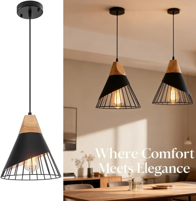 Pendant Lights Kitchen Black 2 Pack,Industrial Modern Lighting Hanging Lamps,Wood Dome Minimalist Industrial Ceiling Hanging Lights for Kitchen Island,Dining Room,Living Room,Bedroom,Hallway