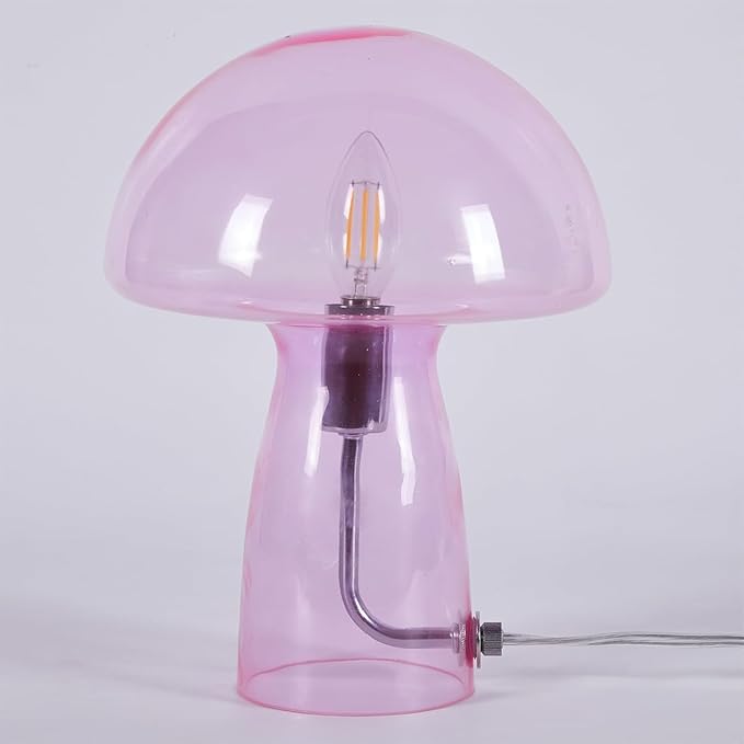 Urban Lifestyle Hot Pink Mushroom Lamp,12" Glass Novelty Table Light, Plug-in Retro Decor for Bedroom, Living Room, Dorm