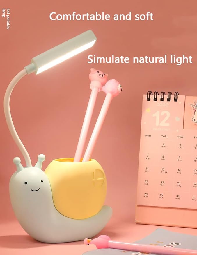 Cute Kids Lamp with Pen Holder,LED Desk Lamp for Child,Snail Shape USB Charging Student Learning Eye Protection Lamp with 360° Bendable Adjustable Neck Pink
