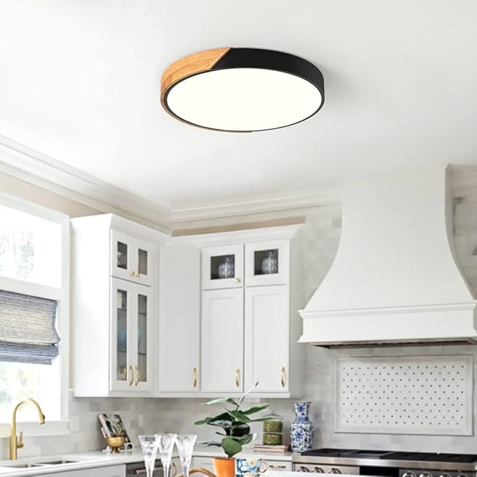 Vikaey Modern Dimmable LED Ceiling Light, Minimalist Wood Style 5CCT 2700K-6000K Flush Mount Ceiling Light Fixture, Round Lighting Lamp for Bedroom Living Room Dining Room Laundry, Black, 15.8"