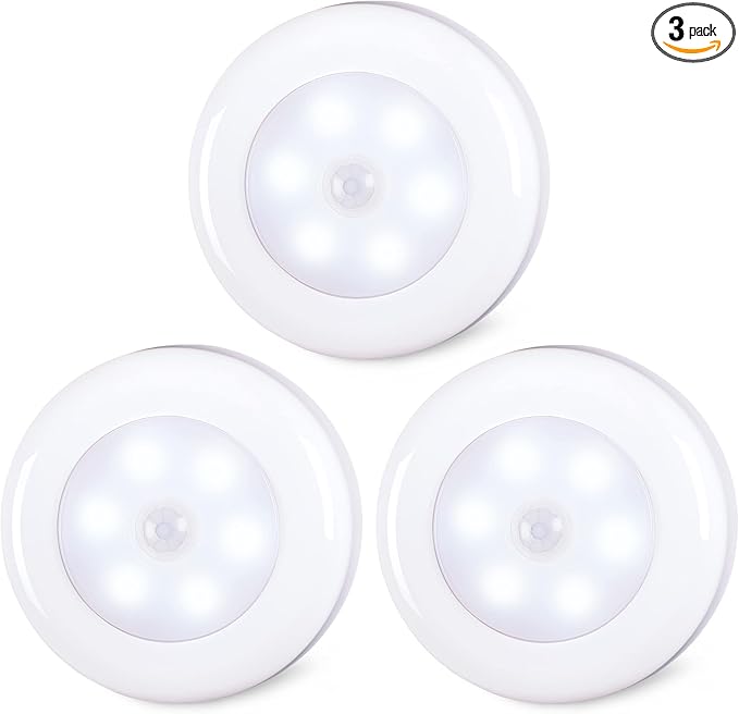 STAR-SPANGLED 3 Pack 2.8” Motion Sensor Lights Indoor AAA Battery Operated, Stick on LED Puck Light for Stairs, Under Cabinet, Closet, Cool White