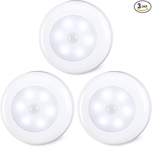 STAR-SPANGLED 3 Pack 2.8” Motion Sensor Lights Indoor AAA Battery Operated, Stick on LED Puck Light for Stairs, Under Cabinet, Closet, Cool White