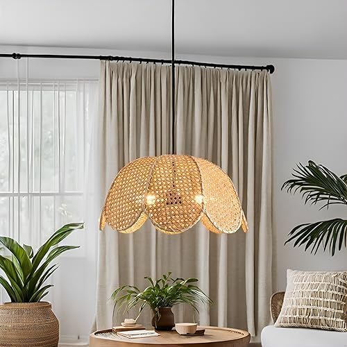 3-Light Rattan Pendant Light Fixtures,18.9" Boho Natural Rattan Hanging Lamp,Hand-Woven Flower Shaped Ceiling Chandelier for Dining Living Bedroom Kitchen Farmhouse