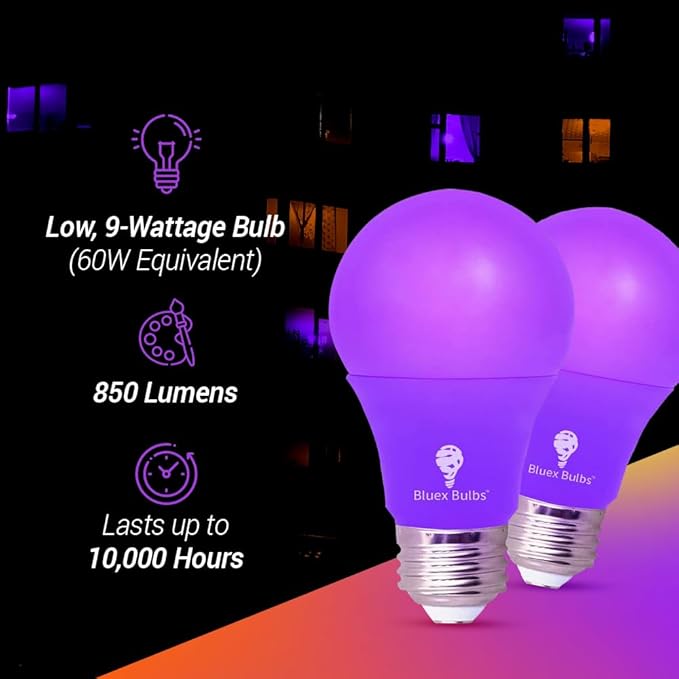 BlueX Bulbs 2 Pack LED A19 Purple Light Bulb - 9W (60Watt Equivalent) - E26 Base LED Bulb, Party Decoration, Porch, Home Lighting, Holiday Lighting, Non-Dimmable.