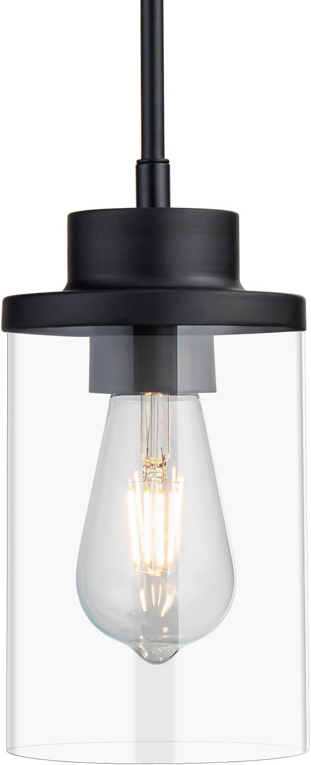 Modern Black Farmhouse Clear Glass Cylinder Pendant Light Fixture,Ceiling Hanging Metal Industrial Mini Pendant Lighting for Kitchen Island Dining Table Bedroom Hallway Foyer…
