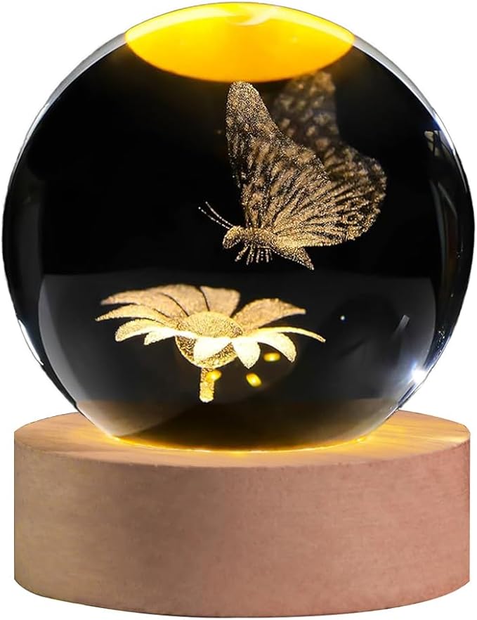 3D Laser Etched Butterfly Crystal Ball with Stand, 60mm Glass Sphere Decorative Balls, Crystal Butterfly Figurine Lamp Night Light Gifts for Women Girls Mom Kids