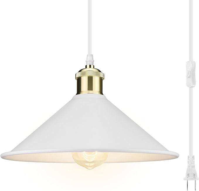 Plug in Pendant Light, Bigger Hanging Lights with Plug in Cord On/Off Switch, 13FT Industrial Plugin Hanging Light, Vintage Pendant Lights Fixture, White
