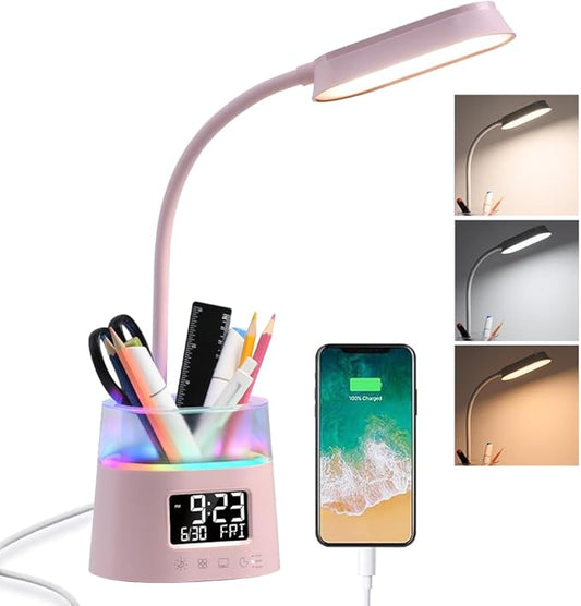 WILIT LED Desk Lamp for College Dorm Room Essentials, Students Study Lamp with USB Charging Port, Pen Holder, Clock & RGB Night Light, Office Desk Light Accessories, Table Lamp for Bedroom - Pink