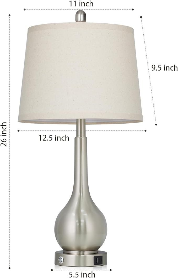 26" Silver Table Lamp for Living Room Single, Touch Control Bedside Lamp with USB Charging Ports, 3-Way Dimmable Brushed Nickel Bedroom Lamp for Nightstand (1 Pack)