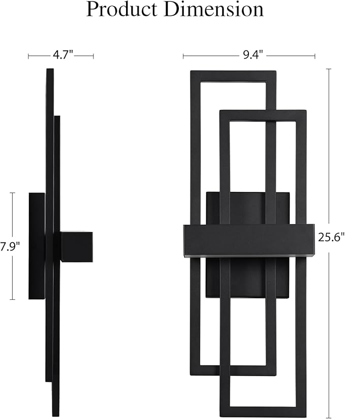 LamQee 2 Pack 25.6" Modern Outdoor Wall Light, Integrated LED 1200LM Large Exterior Lighting Fixture Rectangle Outdoor Sconce, Matte Black Wall Mount Porch Light Outside Lamp for House Garage Patio