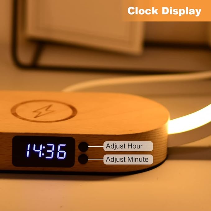 Donewin Bedside Lamp with USB Port,Bedroom Lamp with Wireless Charger,Nightstand Lamp with Clock,Table Lamps for Nightstand,Touch Lamps for Bedroom,Wood Decor,Stepless Dimming&3 Color Modes