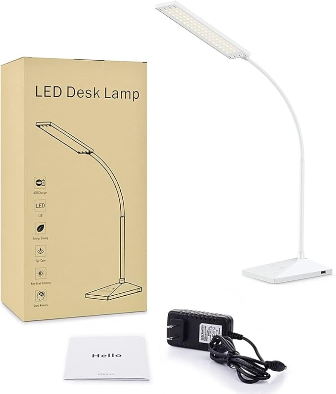 Vansuny LED Desk Lamp with USB Charging Port, Eye-Caring, 5 Color Modes,6 Brightness Levels, Touch Control, Adjustable Neck, Memory Function for Dorm Office Work Bedroom (12W,White)