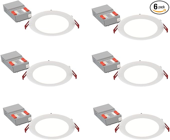 Juno LED Recessed Lights 6 Inch Round Baffle Wafer Downlight, 5-in-1 Switchable White Color Temperature, Adjustable Brightness, 120 Volts, 6-Inch Flat Trim, 6 Pack, Matte White