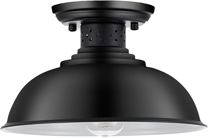 Industrial Semi Flush Mount Ceiling Light, Matte Black Farmhouse Light Fixture for Kitchen Island Dining Room Foyer Hallway Porch Barn Loft, Black, 13in